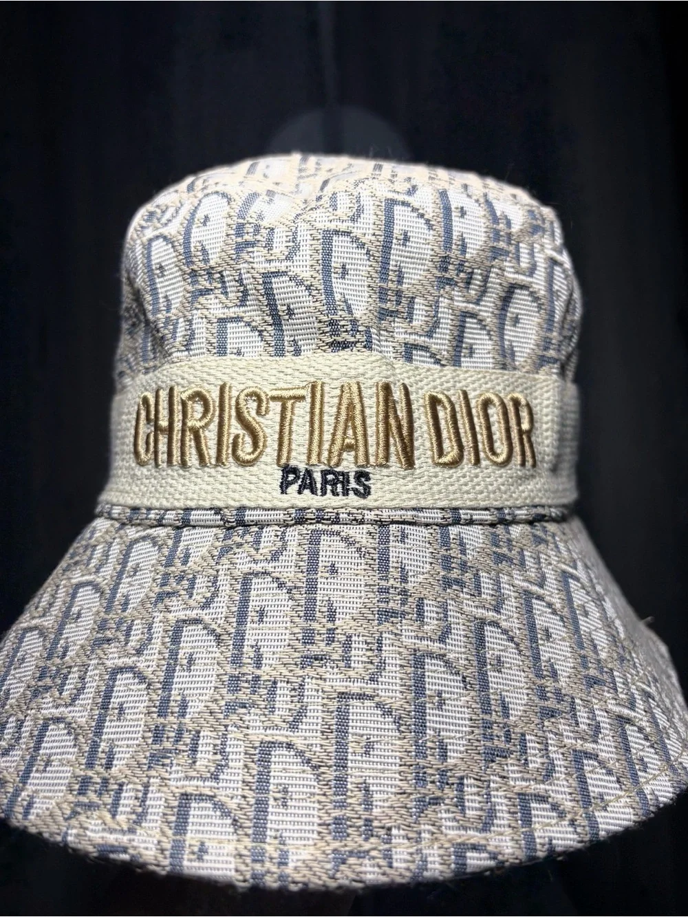 Dior Cream and Blue Monogram Embroidered Bucket Hat